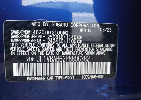 2023 Subaru Wrx из США, поврежденный, VIN JF1VBAB62P8806382